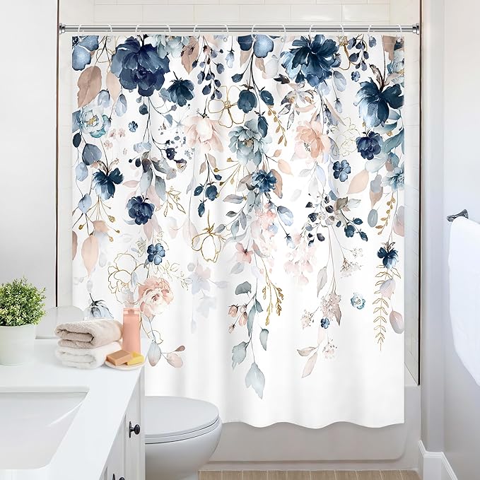 Blue Pink Floral Shower Curtain Extra Long 72Wx84L Inch Rustic Floral Boho Wildflower Watercolor Gold Eucalyptus Leaf Bathroom Set Plant Botanical Bath Curtain Bathtub Accessories Home Decor