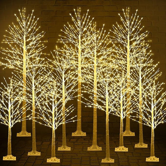 Baquler 12 Pack Lighted Birch Tree - Artificial LED Warm-White Light Birch Tree Decoration for Christmas Holiday Party Wedding Festival Decor, Indoor & Outdoor (4 6 8 ft)