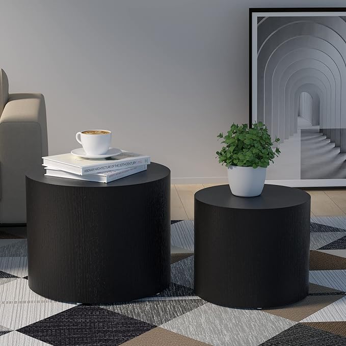 18.9”Round Nesting Coffee Table Set of 2,Wooden Circle Coffee and End Tables,Durable Accent Furniture,Modern Space-Saving Design for Small Living Rooms,Offices,No Assembling Needed,Black