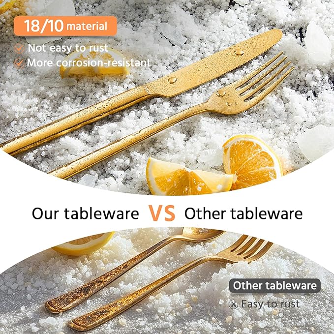 KINGSTONE Gold Silverware Set, 20 Piece Flatware Cutlery Set for 4, 18/10 Stainless Steel Silverware Mirror Polished Dishwasher Safe for Home, Restaurant, Wedding, Party(Gold, 20 pieces for 4)