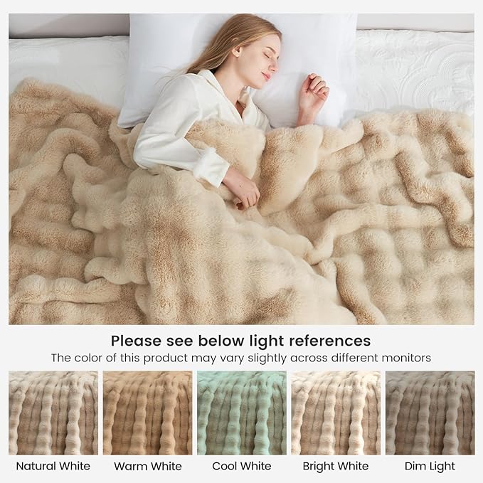 Cozy Bliss Faux Fur Throw Blanket for Couch, Bubble Plush Blanket King Size, Fuzzy Soft & Thick Blanket for Bed Sofa Living Room, 108x90 Inches Beige