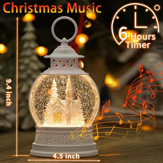 Christmas Church Snow Globe, Musical Snow Globe Lantern with Swirling Glitter, White Christmas Tree Churches, USB & Battery Operated Light-Up Christmas Decorations Indoor for Home