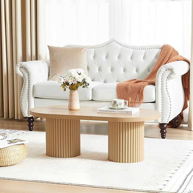 AVZEAR Fluted Oval Coffee Table for Living Room, Boho Modern Coffee Table with Fluted Legs, Curved Round Wood Center Table for Home, Small Spaces, Office, Natural Color(39.38" x 19.69" x 13.78")
