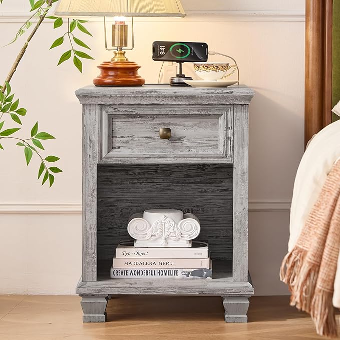 Farmhouse End Tables Living Room Set of 2, Rustic Wood Nightstand with 1 Drawer, Bedside Table with Open Shelf for Bed Room, Side Table for Living Room, Grey
