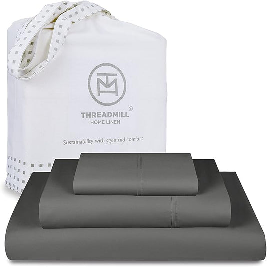 Threadmill Luxury 800 Thread Count 100% Cotton Sheets - Sateen Weave Twin XL Bed-Sheets, Better Than Egyptian Cotton,3 Pc Solid Soft Bedding Set (Dark Grey), Fits 15" Deep Pocket