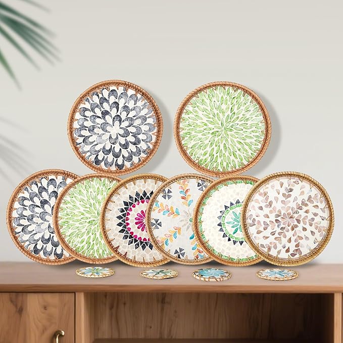 Round Rattan Serving Tray with Mother of Pearl Inlay & Coaster, Boho Wicker Basket, Decorative Coffee Table Tray for Table Decor, Storage and Display of Coffee Bread Fruit (Plume)