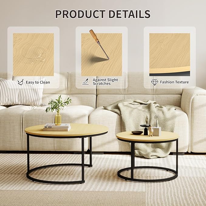 Nesting Tables Set of 2, 31.5" Round Coffee Table, Wood Grain Top Nesting Coffee Table with Adjustable Non-Slip Fee, Small Nesting Tables for Living Room, Bedroom (Wood Grain Light Brown)