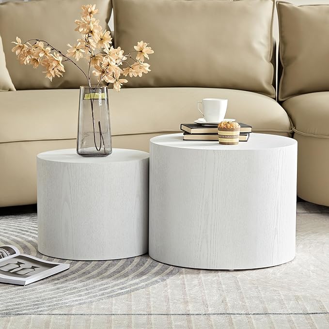 Nesting Coffee Table Set of 2, Wood Round Coffee Table, Modern Coffee Table for Small Space Living Room, White