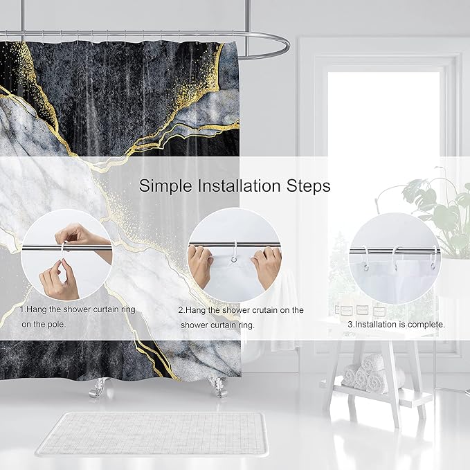 Domoku Black Gold Marble Shower Curtain, Modern Abstract Design, Waterproof Washable Fabric, 72 X 72