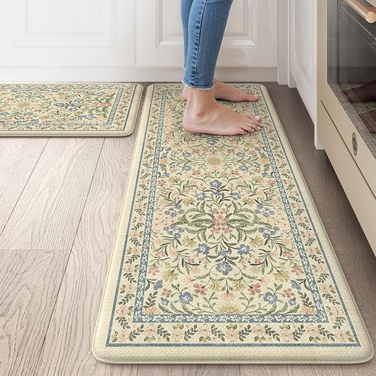 Collive Anti Fatigue Mat for Kitchen Floor, Spring Floral Kitchen Mats for Floor Set of 2, Beige Cushioned Waterproof Sink Rugs Non Slip Comfort Standing Rug for Office, Laundry, Desk