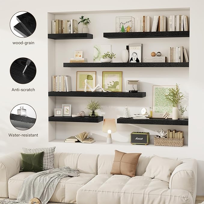 24 Inch Floating Shelves, 12" Deep Floating Shelf Wall Mounted, 24" Wall Shelves, Rustic Deep Bookshelf, Extra Deeper & Thicker Display Shelves for Bedroom, Living Room, Black, Set of 2
