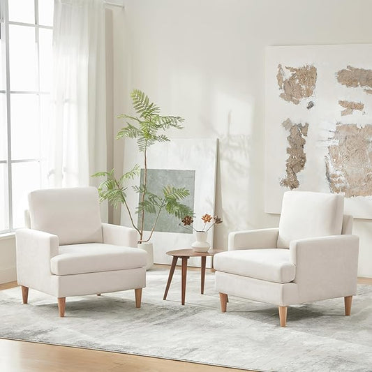 VKNOW Mid-Century Accent Chairs Set of 2, Modern Upholstered Chenille Armchair for Living Room, Comfy Reading Accent Chairs with Wood Legs for Bedroom, Beige
