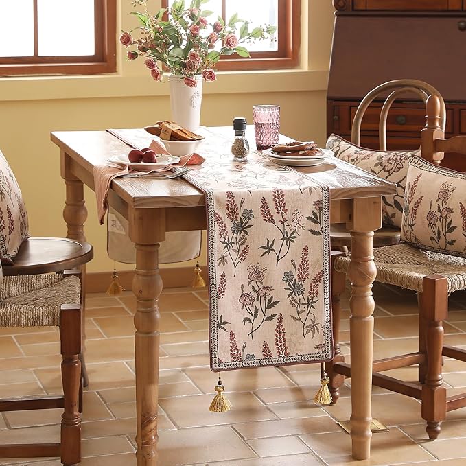 ISAENNE Designer Light Beige Linen Table Runner 87 Inches Long,Vintage Floral Wrinkle Resistant Decor Table Runners for Dining Tables,Christmas,Thanksgiving,Kitchen Tables,12"*87"-Helena A