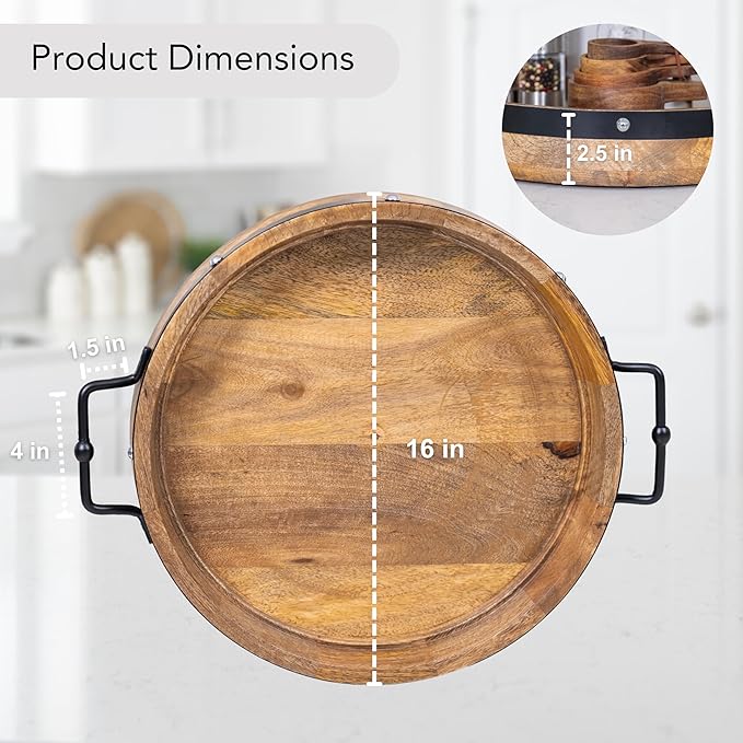 16" Large Round Ottoman Tray, Heavy Duty Mango Wood, for Serving Tea, Breakfast in Bed, Living Room Large Coffee Table Tray Rustic with Farmhouse Style, Decorative Handles and Accent Strap