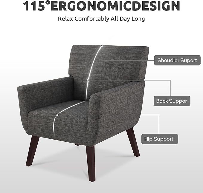Upholstered Accent Chair,Mid Century Modern Linen Fabric Living Room Chair with Arm,Comfy Wingback Club Armchair for Bedroom Reading Dark Grey