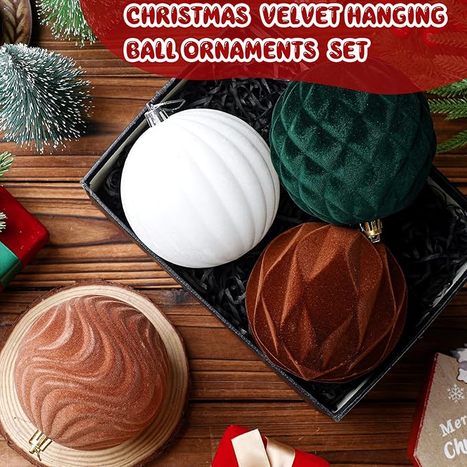 4 Pcs 4 Inch Large Velvet Christmas Ball Ornaments Vintage Christmas Plastic Ball Ornaments Flocked Tree Hanging Decoration for Xmas Party Wedding Home Decor(Brown Green White)