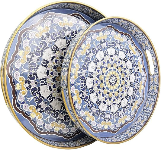 Round Decorative Trays Set of 2, Modern Plastic Serving Tray with Handles for Living Room, Coffee Table, Kitchen, Ottoman, Boho Blue, Large 13", Small 11.8"