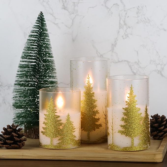 DRomance Christmas Tree Glass Flameless Candles with Remote Timer Battery Operated Real Wax 3D Wick LED Flickering Pillar Candles Christmas Holiday Decor(Gold, 3 x 4,5,6 Inch)