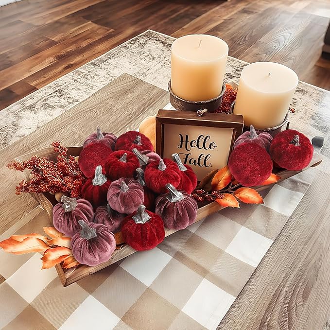 12pcs Velvet Fake Pumpkins Fall Decor Faux Small Foam Fabric Pumpkin for Autumn Table Centerpiece Party Farmhouse Harvest Thanksgiving (Dark Red/Mulberry)