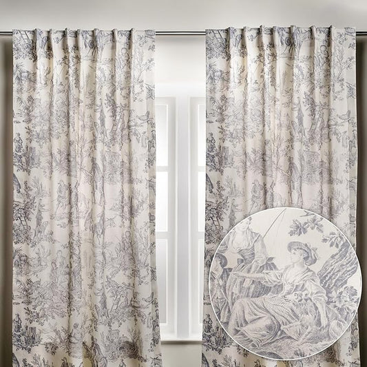 Maison d' Hermine Curtains for Living Room 100% Cotton 84 inch Length Two Panels Light Filtering Toile Curtains for Bedroom Windows with Rod and Loop Pockets (The Miller Paloma Gray, 50" W x 84" L)