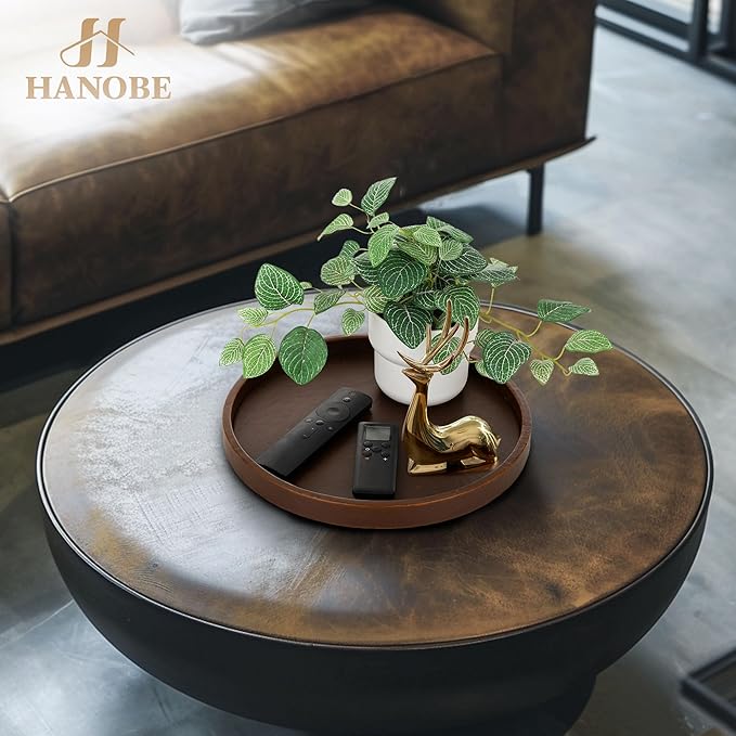 Hanobe Decorative Tray Round Serving: Faux Leather Coffee Table Trays Decor 12 inch Small Brown Circle for Bar Ottoman Party Modern Home Kitchen Counter Centerpiece