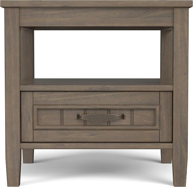 SIMPLIHOME Lev SOLID WOOD 20 Inch Wide Rectangle Transitional End Table with Bottom Drawer in Smoky Brown, For the Living Room and Bedroom
