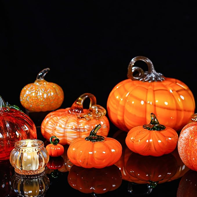 H&D HYALINE & DORA Halloween Glass Pumpkin Collectible Figurine, Blown Glass Pumpkin Fall Decorations for Home Fall Harvest Thanksgiving, Orange Crystal Art Pumpkin Paperweight