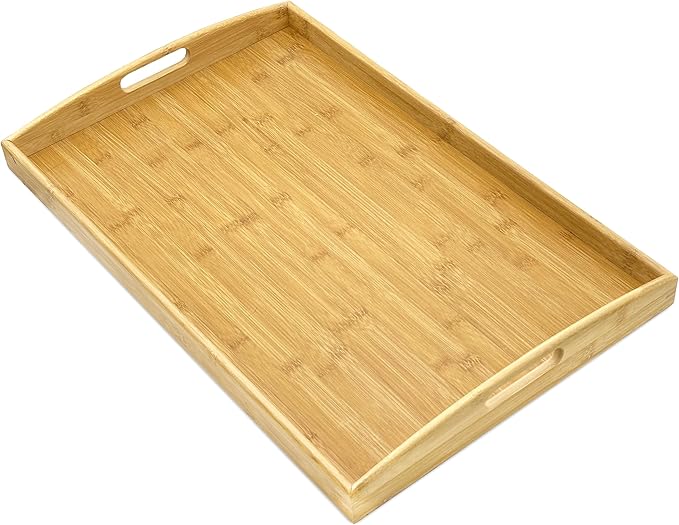 Bam & Boo Natural Bamboo Serving Tray Extra Large Rectangular with Handles for Food, Drinks, Storage, Decor, Vanity, Breakfast, Parties, Weddings, Picnics(23.6” x 15” x 2.35”, Natural)