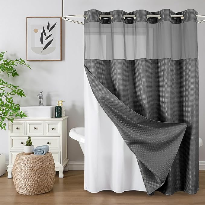 Colorful Star No Hook Shower Curtain with Snap in Fabric Liner, Waffle Heavy Duty Thick Shower Curtains with Mesh Top Window, Hotel Style Waterproof Bathroom Curtain Set, 72'' x 87'', Charcoal Grey