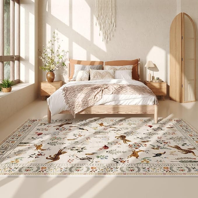 Rugcomf Area Rugs 9x12 Living Room Clearance Washable Boho Rug Non Slip Floral Animal Vintage Low Pile Large Rug for Living Room, Bedroom, Farmhouse, Dining Room, Kids Playroom (Beige)