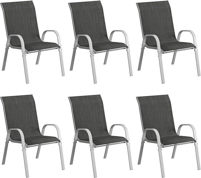 Amopatio Patio Chairs Set of 6, Stackable Outdoor Dining Chairs for All Weather, Silver Outdoor Chair Garden Furniture for Backyard Deck, Grey