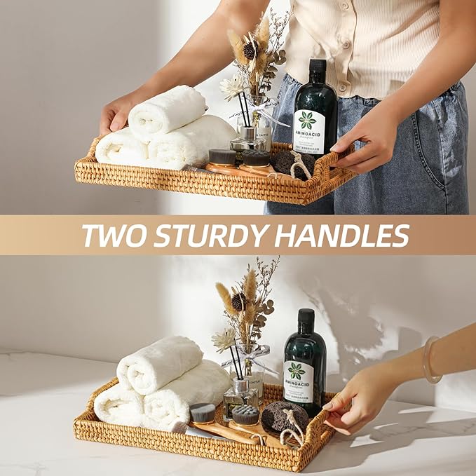 14.5'' Rattan Serving Tray Rectangle with Handles, Vintage Wicker Tray for Decor, Boho Seagrass Coffee Table Basket, Hand Woven Decorative Table Tray for Kitchen, Breakfast, Bathroom, Outdoor