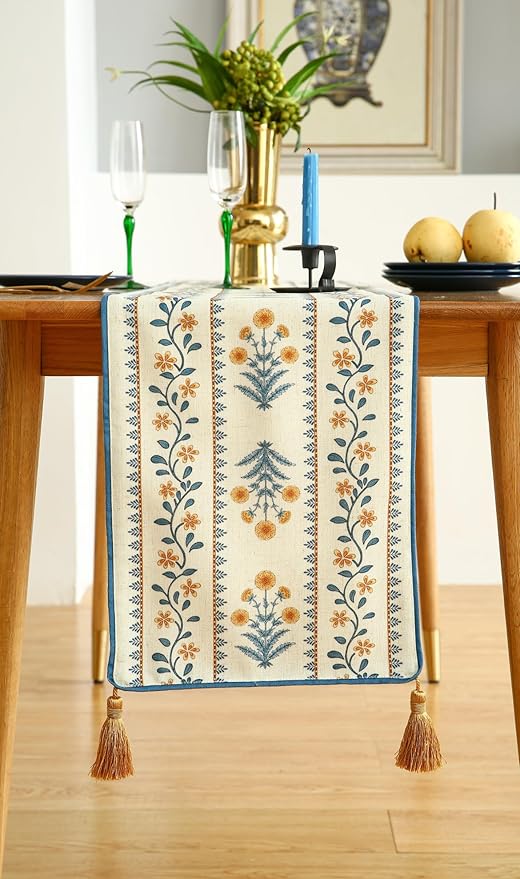 ISAENNE Designer Pale Yellow Elegant Linen Table Runner 102 Inches Long,French Floral Pattern Elegant Table Runners for Dining Tables,Thanksgiving,Kitchen Tables,Christmas,12"*102"-Estevan A