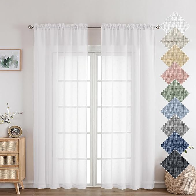 Aiyufeng White Sheer Curtains 72 inches Long 2 Panels, Fresh Textured Semi Sheer White Curtains Linen Breathable Elegant Door Curtains & Drapes for Farmhouse/Living Room/Kitchen, 40Wx72L inch