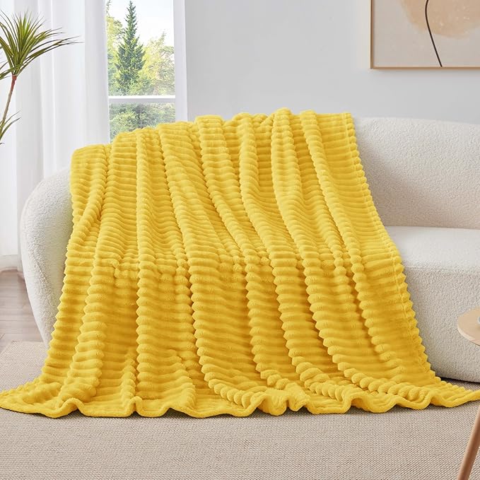 BEDELITE Fleece Throw Blanket for Couch - 300GSM Soft & Warm Fluffy Yellow Blanket, Decorative and Giftable Striped Blankets for Women, Men, 50"x60"