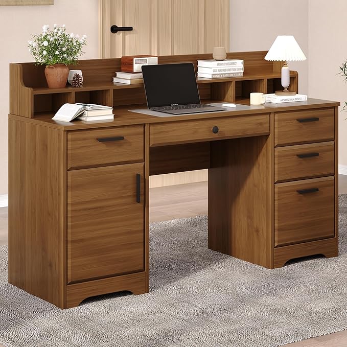 58 Inch Executive Desk with File Drawers, Computer Desk with Storage, Home Office Desk with Storage Cabinet for Bedroom, Rustic Brown