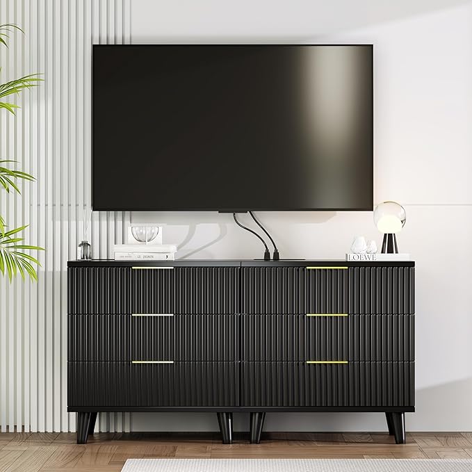 Fluted Black Nightstand with USB Charging Station, 3-Drawer Dresser Wood Modern Night Stand Bedside Table with Quiet Drawers & Large Storage End Table for Bedroom