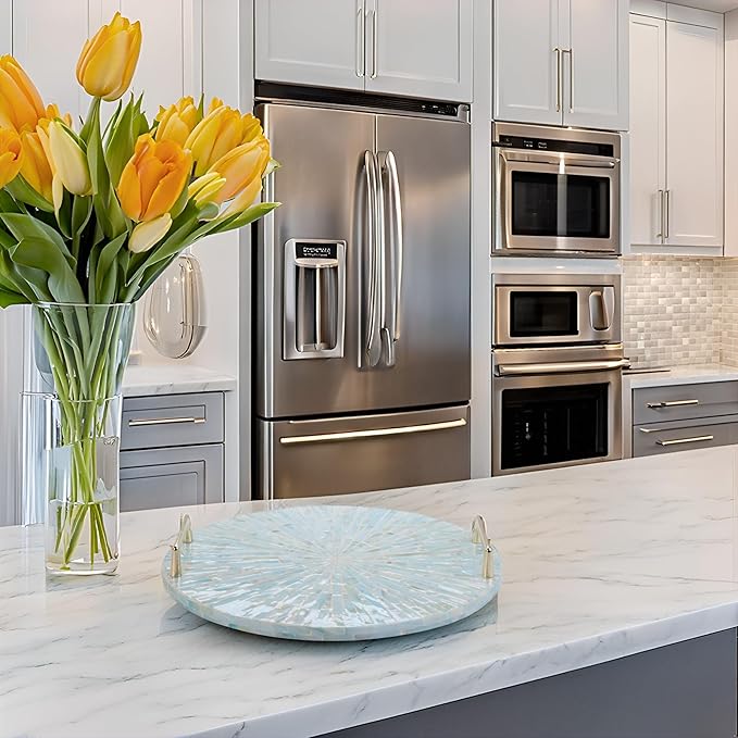 PEMAR Mother of Pearl Decorative Tray, 13" Round Display and Serving Tray with Gold Handles, Vanity/Perfume/Trinket Catchall for Dresser, Bathroom, Vanity Table (Teal Sunlight Starburst Pattern)