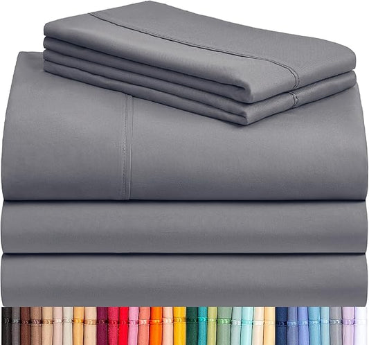 LuxClub 5 PC Split King Sheet Set Sheets Deep Pockets Wrinkle Free Cooling Sheets Machine Washable Hotel Bedding Silky Soft - Light Grey Split King