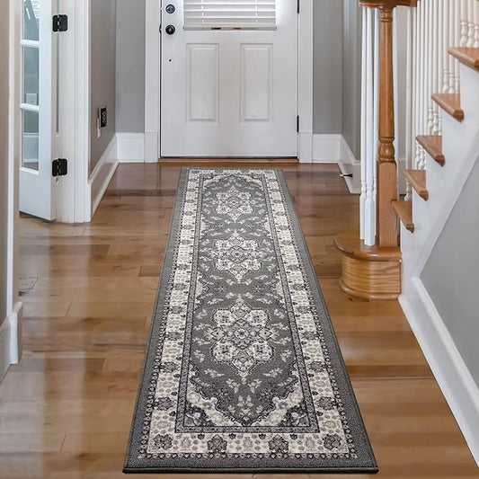 Antep Rugs Alfombras Oriental Traditional 2x7 Non-Skid (Non-Slip) Low Profile Pile Rubber Backing Indoor Runner Rugs (Gray, 2' x 7')