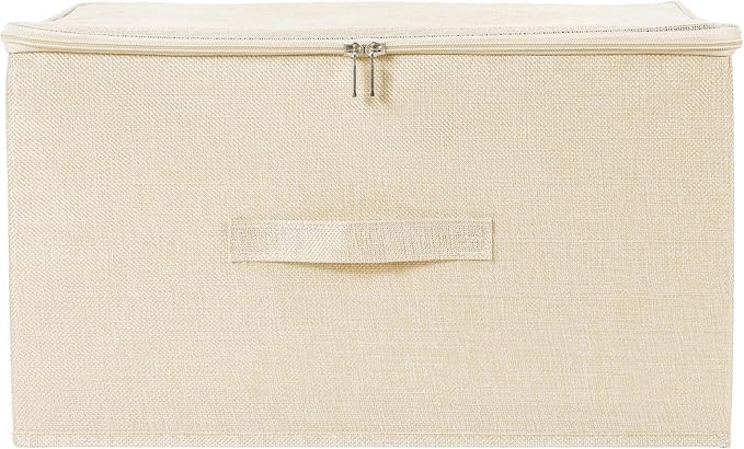ANMINY 2PCS Storage Bins with Zipper Lids 51.9 Qt Lidded Fabric Storage Boxes Baskets Cubes with Handles Collapsible Washable Cotton Linen Closet Shelf Clothes Organizer - Beige, Extra Large