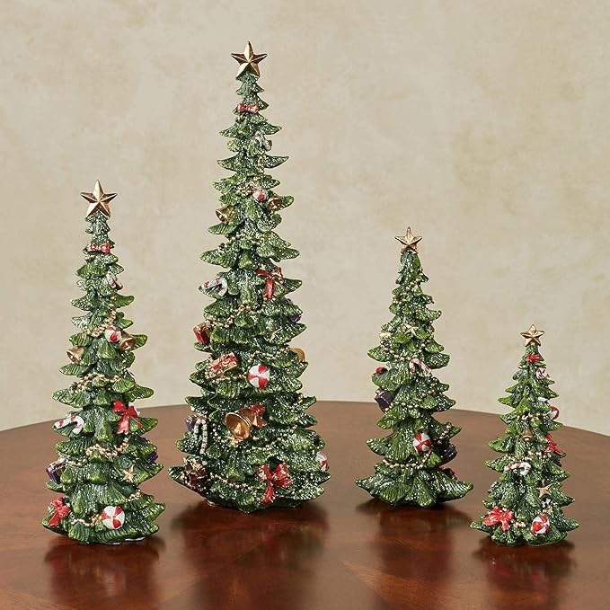 Burton & Burton Glitter Christmas Tree Figurine Statues Holiday Home Decor Gift Set4 Handpainted