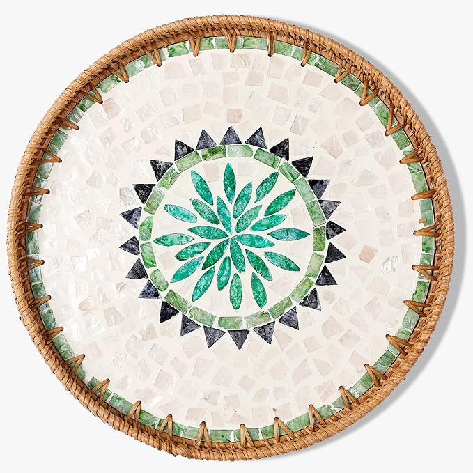 Round Rattan Tray with Mother of Pearl Inlay & Wooden Base - Decorative Wicker Serving Tray for Coffee/Bread/Fruits, Food Storage & Display - Multipurpose Home Decor (L,Bohemia)