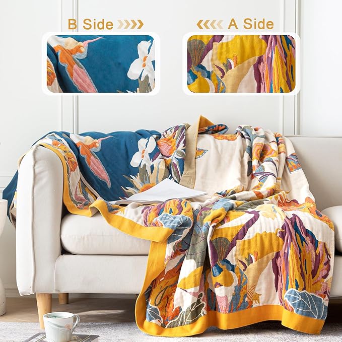 Boho Throw Blanket for Bed 50"x60", 100% Soft Cotton Bohemian Blankets with Rustic Floral Printed Decor, Fall Throw Blanket for Couch Cozy Breathable All Season