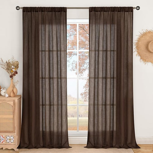 BGment Linen Curtains 90 Inch Length for Living Room, Semi Sheer Brown Long Window Drapes Rustic Textured for Farmhouse Beroom Dining Room Decor Rod Pocket Lightweight, 2 Panels Set, Each 52 Inch Wide