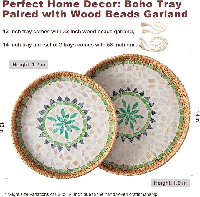 Round Rattan Tray Home Decor with Wood Bead Garland, 12'' Wicker Serving Tray with Mother of Pearl Inlay, Boho Decorative Tray for Coffee Table, Bathroom, Ottoman, Kitchen Table, Bathroom (Bohemian)