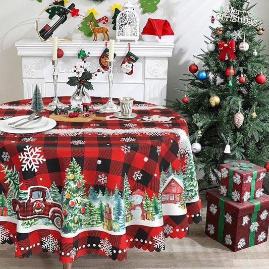 Round Christmas Tablecloth 60 inches - Christmas Decorations for Home - Water Resistant Red Plaid Table Cloth - Red Truck Xmas Holiday Buffalo Plaid Decor for Table, Party,Kitchen