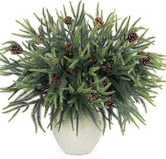 N&T NIETING 24in Christmas Norfolk Pine Stems Real Touch Artificial Norfolk Pine Branches with Pine Cones Stems Faux DIY Greenery Pine Picks for Xmas Indoor Outdoor Home Décor(18 Pcs)
