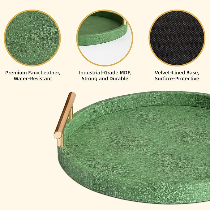Faux Shagreen Tray, Set of 2 Round Decorative Tray with Gold Polished Metal Handles, Serving Trays Coffee Table Ottoman Trays for Living Room Bathroom Vanity Home Decor (Green)