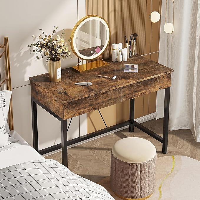 CAIYUN 40“ Small Desk for Bedroom, Computer Desk with 2 Wooden Drawers, Home Office Desk with Storage, Vanity Desk, Kids Study Writing Desk for Small Space, Vintage Table for Bedroom,(Rustic Brown)